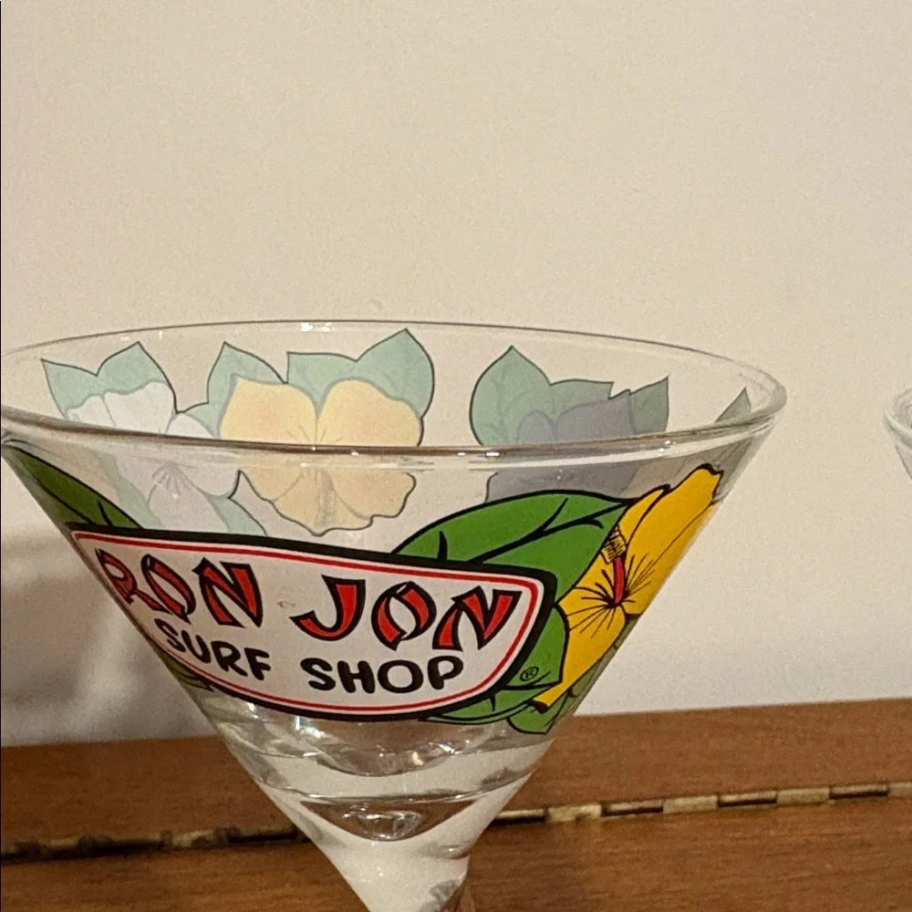 Y2K Era Ron Jon Surf Shop Retro Bent Stem Martini Glass 2 Matching Hibiscus Cute